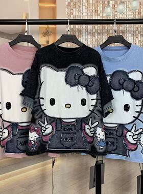 WR潮牌春夏新款重工破洞Kitty猫卡通小个子宽松短袖T恤上衣女