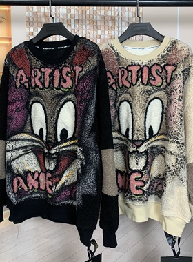 MX潮牌秋冬新款加绒宽松慵懒兔八哥卡通减龄羊羔毛宽松圆领卫衣女