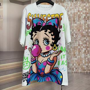 T恤上衣女 宽松磨毛短袖 WR潮牌秋冬重工满钻贝蒂卡通时尚 大版