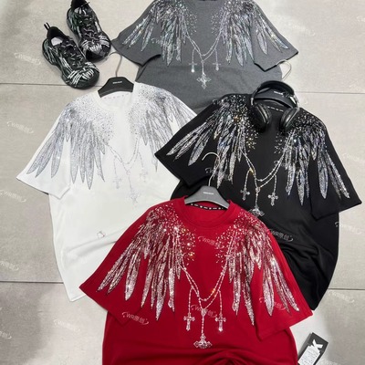 跨境WR潮牌新款前后满钻重工翅膀时尚大版中长款宽松短袖T恤男女