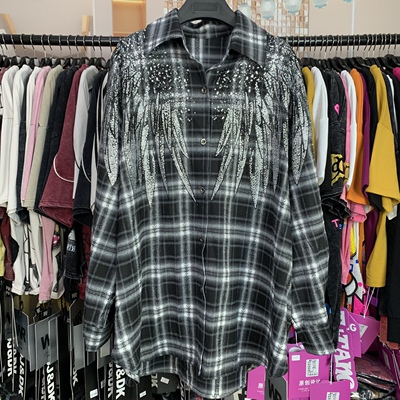 WR潮牌新款重工翅膀满钻格子宽松显瘦大版中长款长袖衬衫开衫