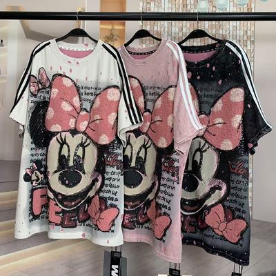 WR潮牌重工三条杠毛巾绣破洞米妮卡通减龄时尚宽松短袖T恤上衣女