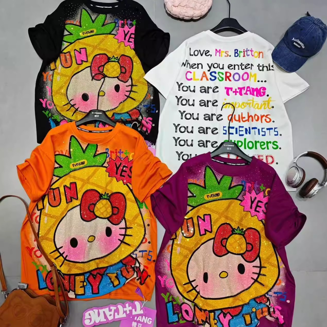 T+潮牌秋新款重工水果满钻Kitty猫时尚可爱减龄时尚中长款短袖T恤