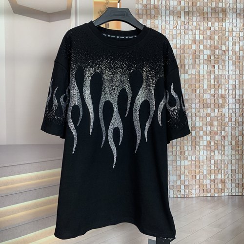 WR潮牌加厚重工烫钻前后满钻火焰高级感时尚宽松短袖T恤上衣