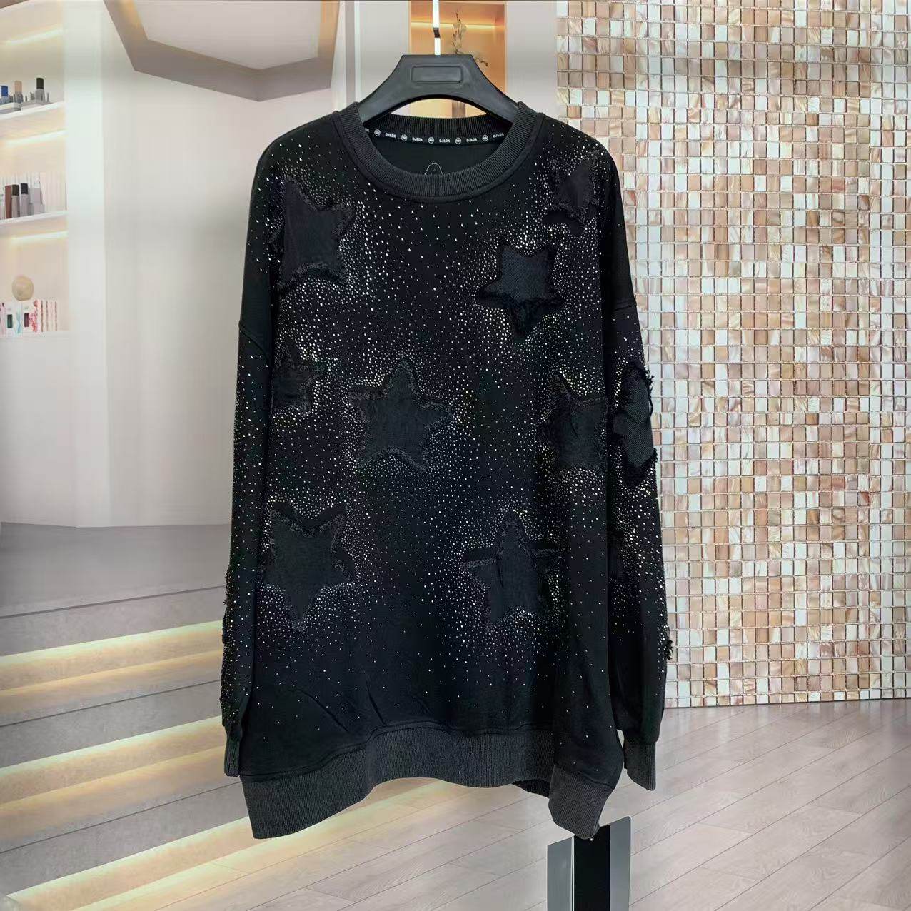 WR潮牌新秋重工满钻刺绣五角星中长大版圆领时尚宽松卫衣上衣