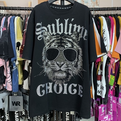 WR潮牌新款重工满钻虎头炫酷高级感减龄时尚宽松短袖T恤男女