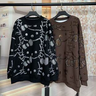 WR潮牌秋重工满钻Kitty猫可爱卡通大版 圆领卫衣上衣 宽松时尚