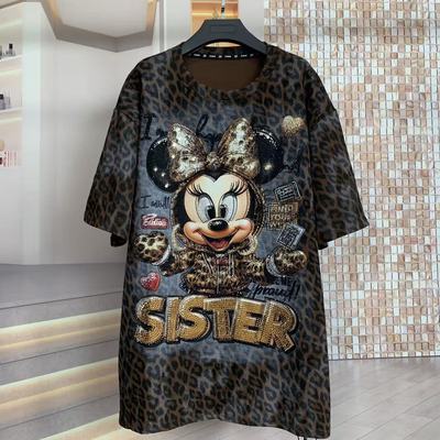 WR潮牌秋冬磨毛重工烫钻豹纹米妮卡通减龄时尚宽松短袖T恤上衣女