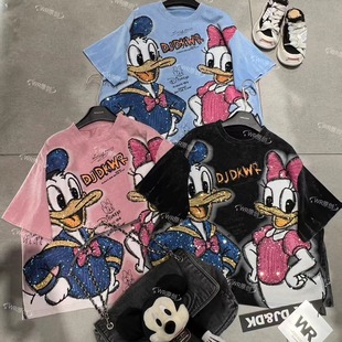 WR潮牌新时尚 T恤上衣跨境 重工唐老鸭黛西小个子卡通减龄宽松短袖