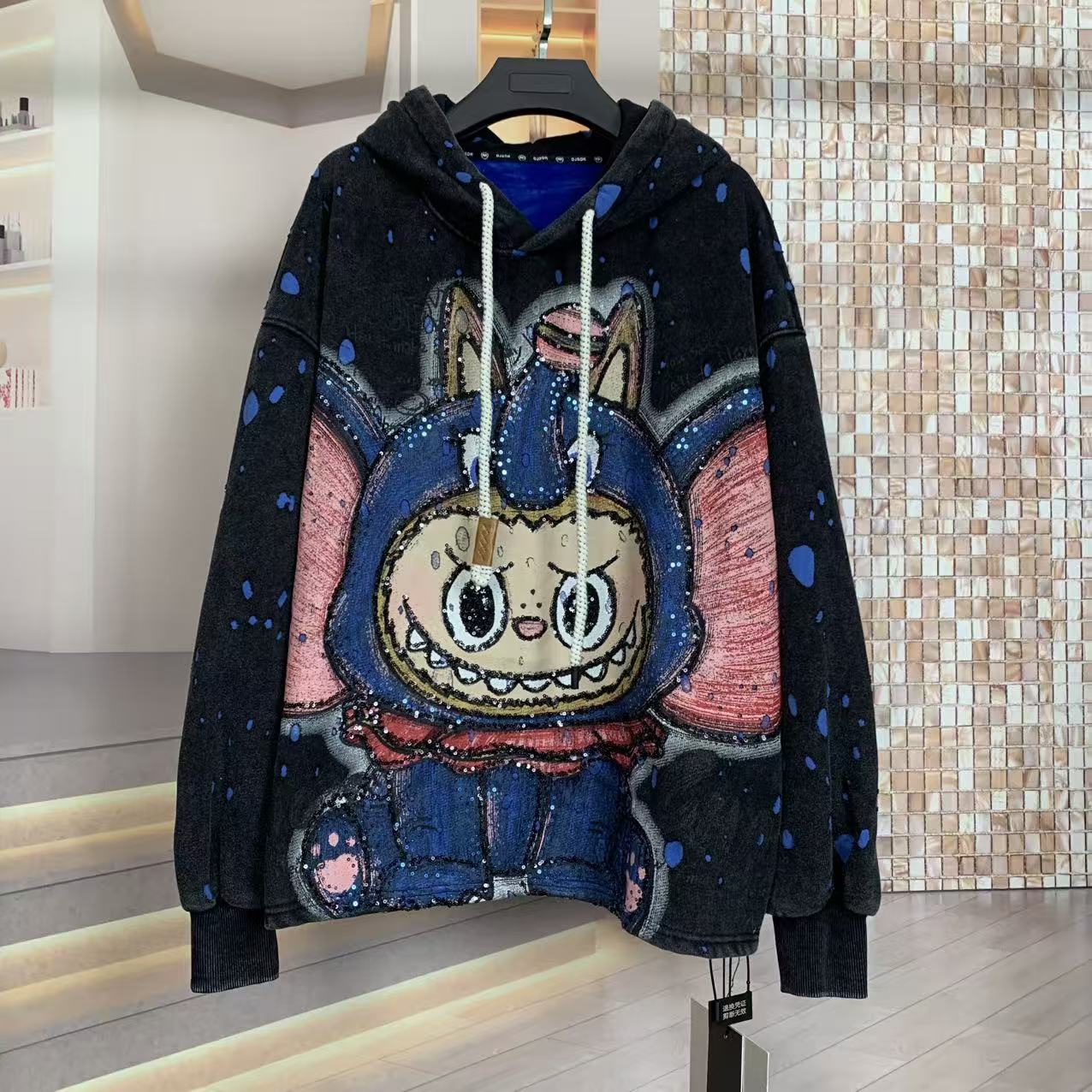 WR潮牌秋冬加绒重工破洞小象拉布布卡通减龄宽松时尚连帽卫衣