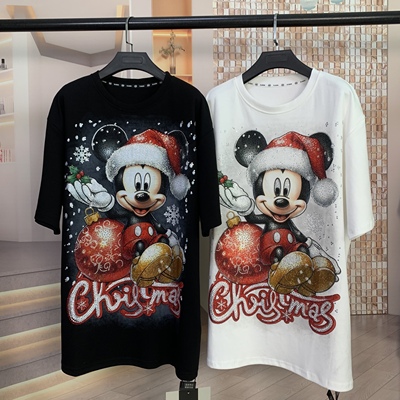 WR潮牌新款烫钻满钻圣诞米奇卡通新年减龄时尚宽松短袖T恤上衣女