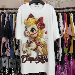 WR潮牌新款重工满钻黄金小马卡通减龄时尚宽松短袖T恤男女