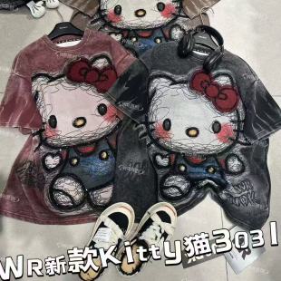 宽松短袖 卡通可爱大版 T恤女 重工洗水Kitty猫时尚 跨境WR潮牌秋新款