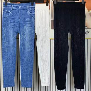 线条烫钻仿牛仔高弹高腰外穿打底裤