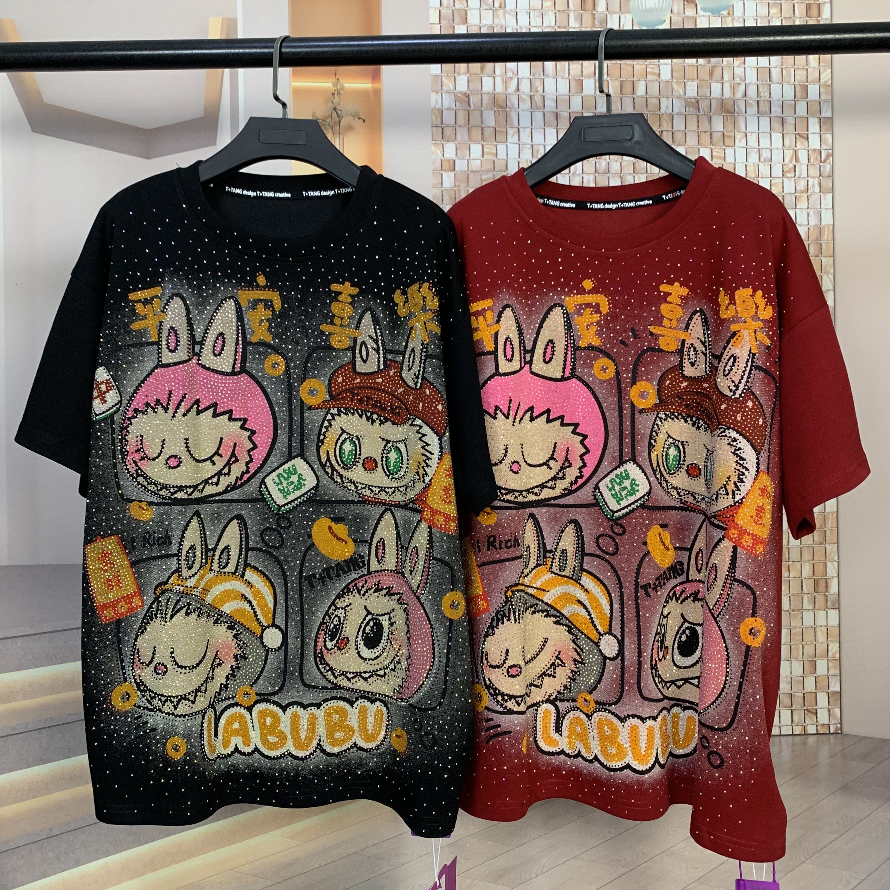 T+潮牌新款时尚重工满钻发财拉布布卡通减龄宽松短袖T恤上衣跨境