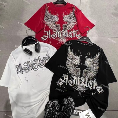 WR潮牌新款前后满钻重工字母翅膀时尚大版中长款宽松短袖T恤跨境