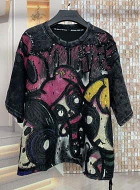 MX潮牌重工新款洗水卡通时尚减龄小个子宽松棉短袖恤T恤上衣跨境