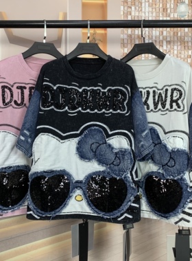 WR潮牌春夏新重工墨镜Kitty拼色卡通减龄可爱时尚宽松短袖T恤