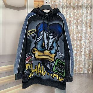 WR潮牌秋冬重工加绒拼色唐老鸭卡通减龄宽松时尚 连帽卫衣 大版