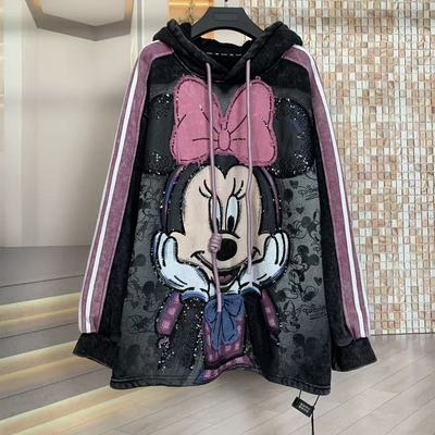 WR潮牌冬加绒重工三条扛刺绣米妮减龄时尚卡通宽松连帽卫衣女
