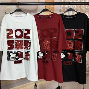 WR潮牌秋冬重工2025发财九宫格米奇时尚磨毛宽松中长款短袖T恤