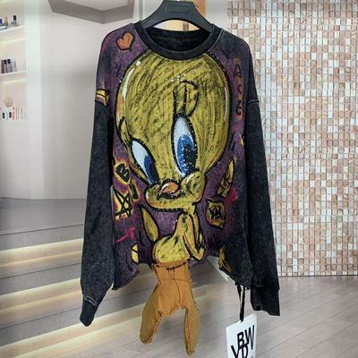 YBDW潮牌秋时尚重工宽松小黄鸭卡通小个子大版圆领时尚卫衣女