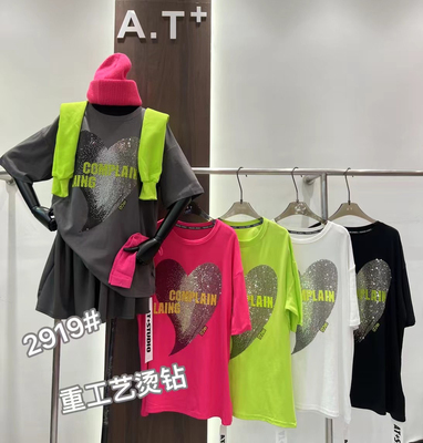 AT潮牌2025夏新款减龄洋气时尚爱心烫钻宽松时尚中长短袖T恤上衣