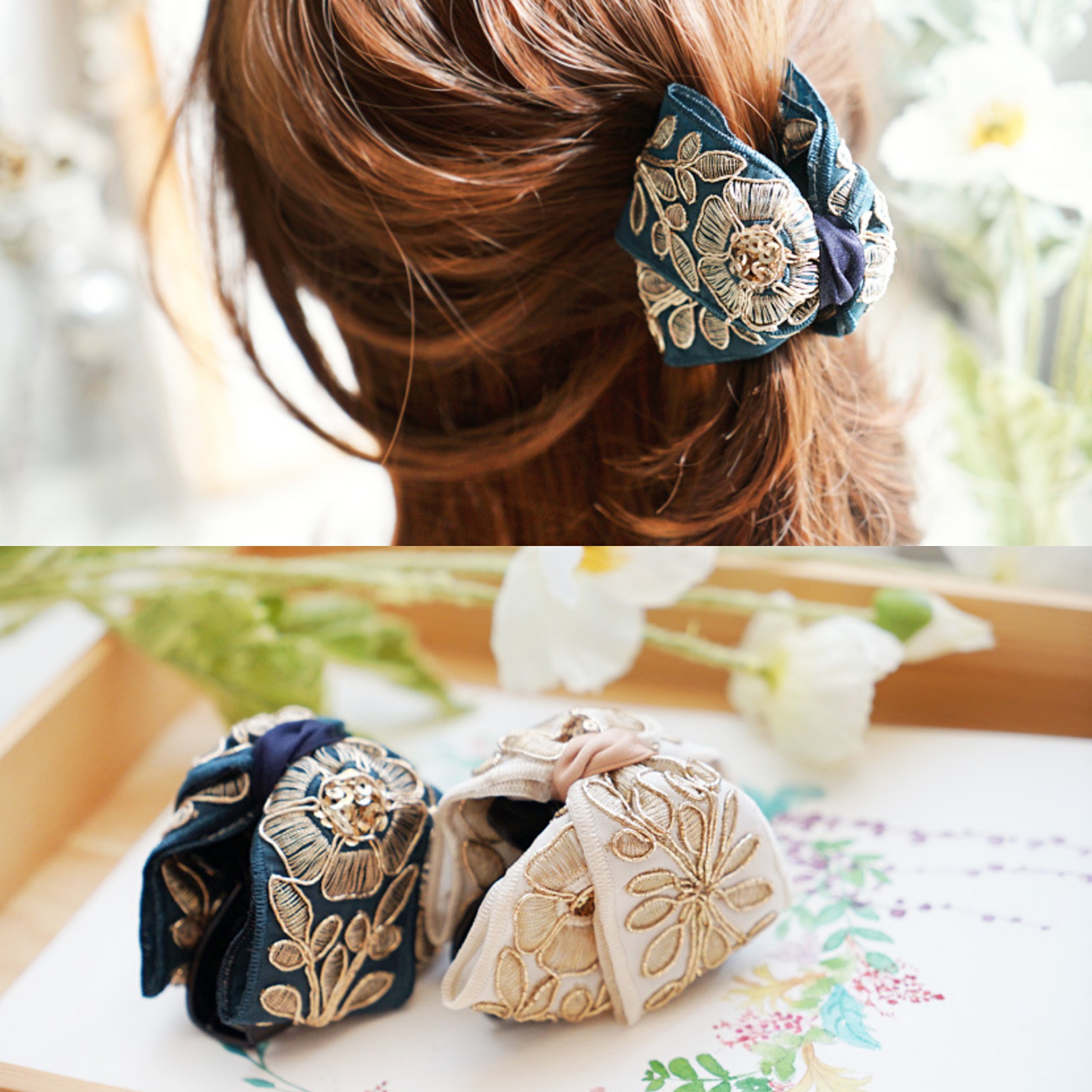 法式复古华丽刺绣布艺抓夹花朵