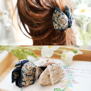 法式复古宫廷风华丽刺绣花朵布艺抓夹发抓夹韩国发饰头饰鲨鱼夹绿