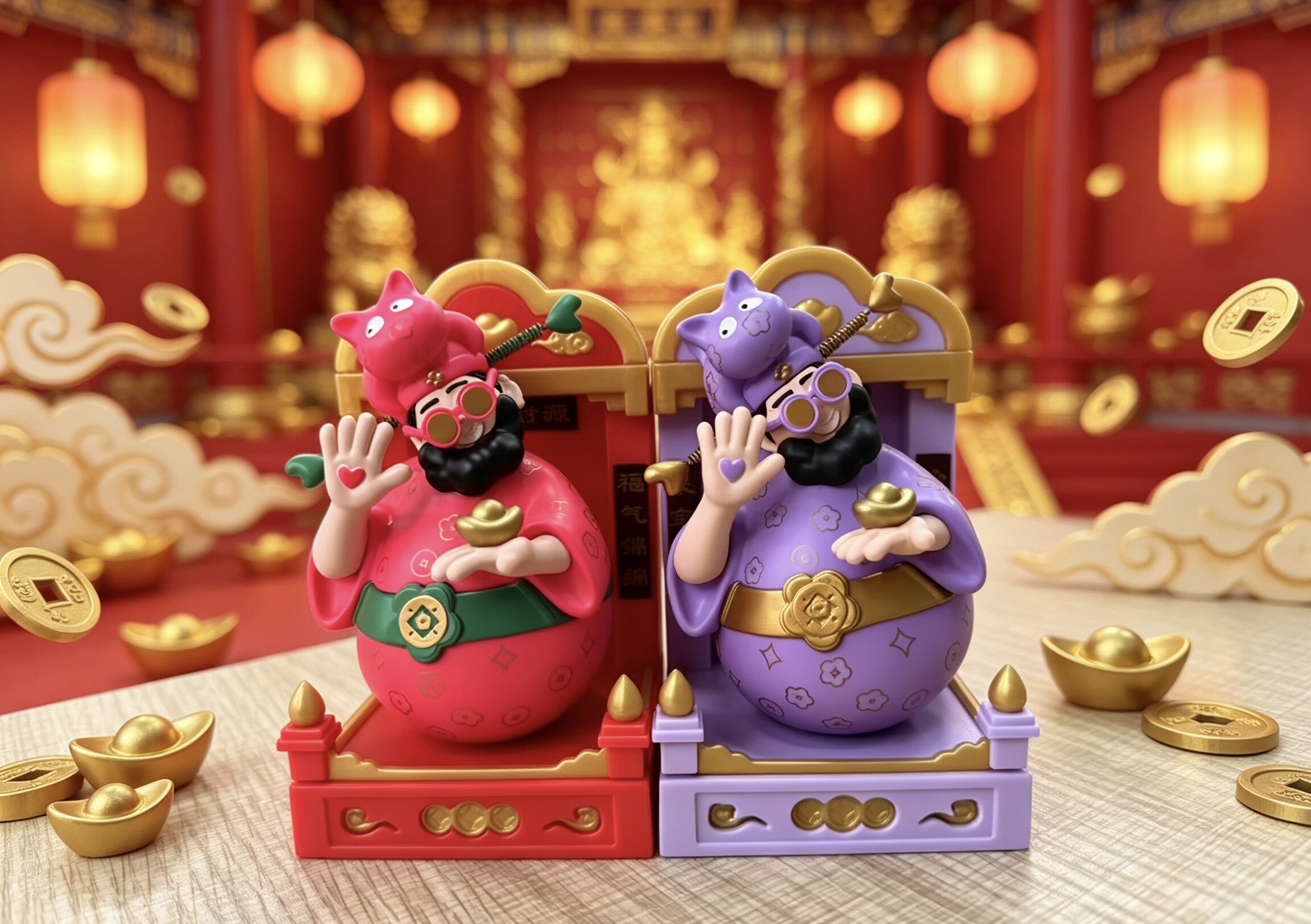 扭蛋机同款四喜财神爷摆件桌面情绪稳定神器神龛手办招财不倒翁