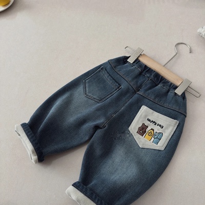 男童加绒牛仔裤冬装2025新款儿童时尚一体绒老爹裤帅气柔软裤子