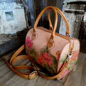 手工真皮男包女包订制皮雕彩绘荷花波士顿女款 拎包挎包