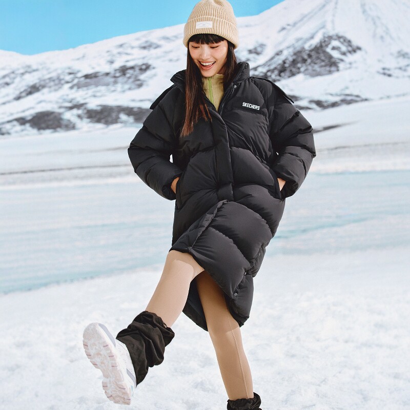 斯凯奇中长款羽绒服2024年冬季新款男女黑纯色保暖外套L424W203