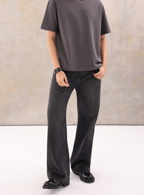 Selfness Vintage 2021M版型水洗黑宽松直筒阔腿微喇做旧男牛仔裤