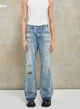 Selfness Cone Vintage刀割破坏水洗做旧裤腿拉须直筒宽松牛仔裤