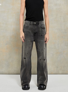 Selfness Vintage Denim水洗做旧破坏火烧拆边裤脚宽松微喇牛仔裤
