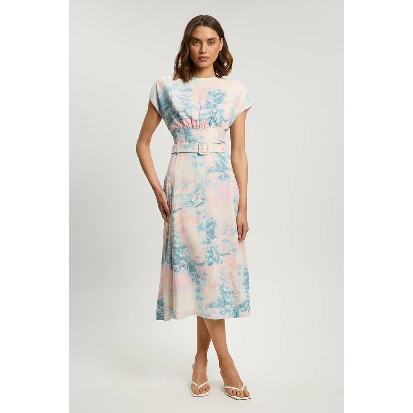 英国代购正品06.14 名品PL 女装新款 时尚印花系腰带长款连衣裙