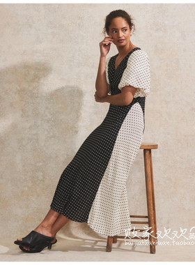 英国代购正品03.02 名品MS 女装新款 设计拼接波点长款百搭连衣裙