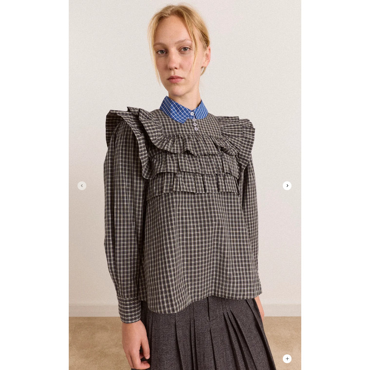 英国代购正品08.17 名品DM 女装新款 设计荷叶边迷你格子长袖上衣