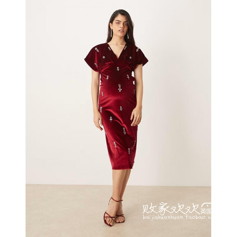 英国代购正品11.22 2025潮流导向 女装新款 天鹅绒闪钻孕妇连衣裙