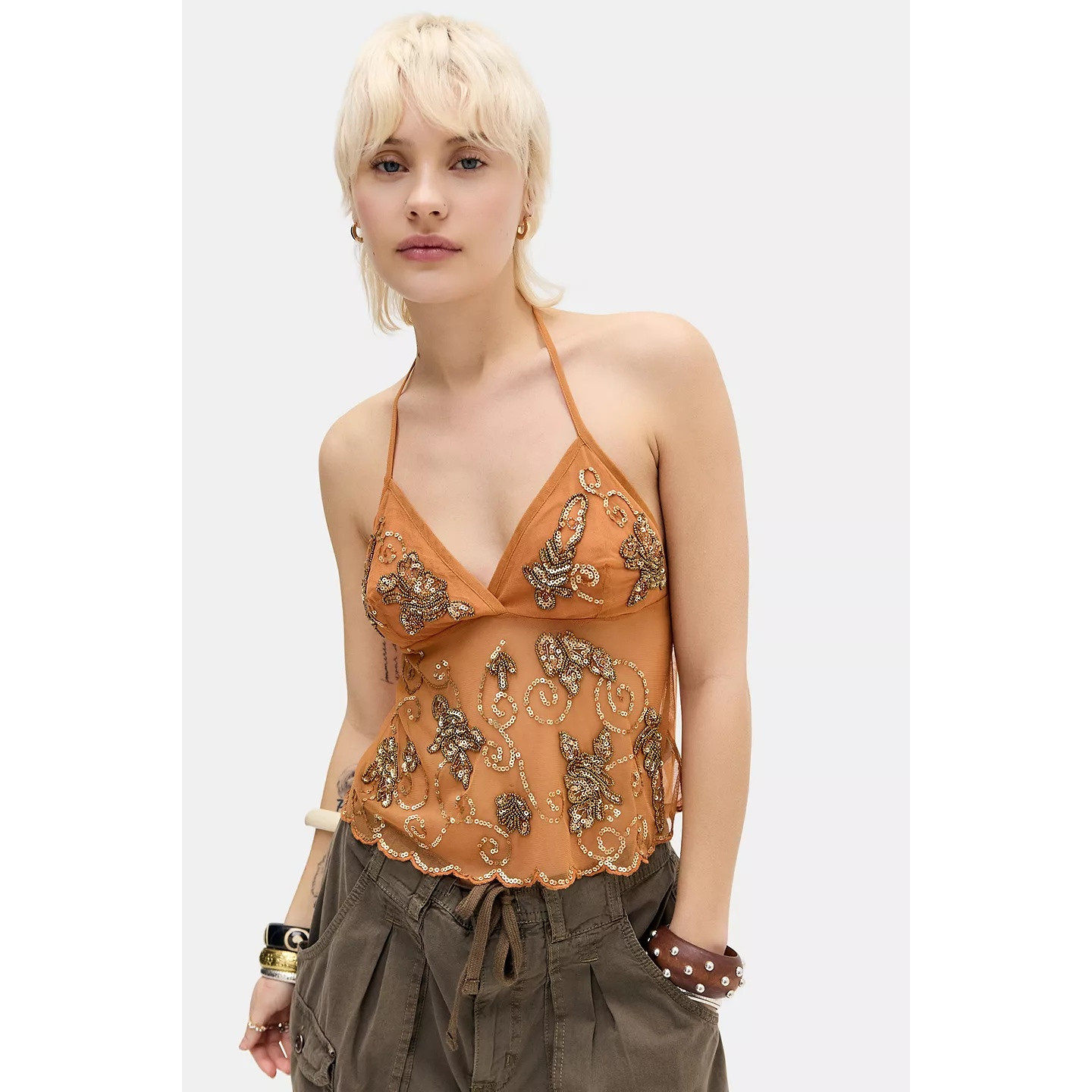 英国代购正品05.28 名品UO 女装新款 吊带亮片花设计修身露背背心