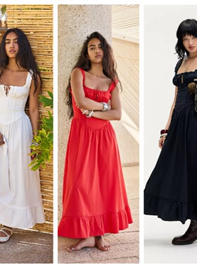 英国代购正品03.20 名品UO 女装新款 设计束腰荷叶边长款连衣裙