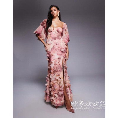 英国代购正品12.11 2025潮流导向 女装新款 设计3D花开叉连衣长裙