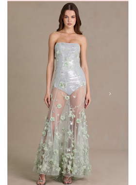 英国代购正品03.09 名品ohpolly 女装新款 半透视3D网纱束胸礼服