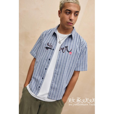 英国代购正品12.06 名品UO 男装新款 休闲翻领迷你格子短袖衬衫