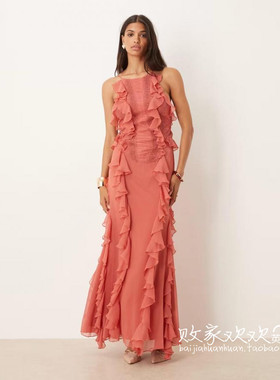 英国代购正品08.16 2025潮流导向 女装新款 荷叶边长款百搭连衣裙