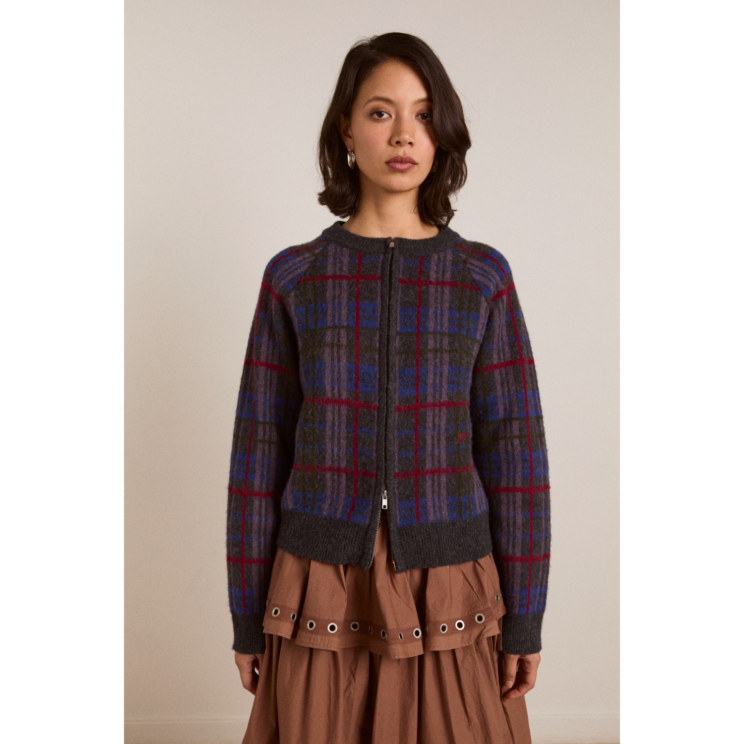 英国代购正品04.23 名品DM 女装新款 潮牌格子拉链设计百搭开衫
