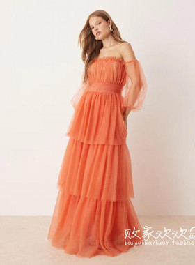 英国代购正品08.01 名品Boohoo 女装新款 时尚薄纱多层长款连衣裙
