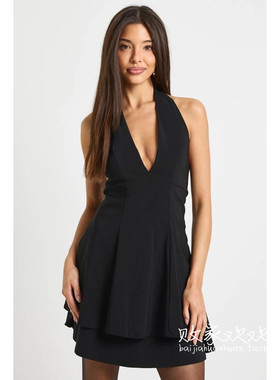 英国代购正品12.13 名品Boohoo 女装新款 挂脖深色迷人连衣裙