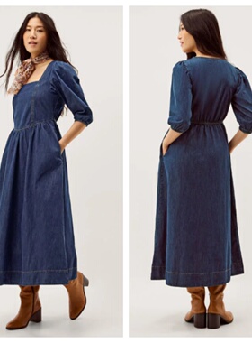 英国代购正品03.13 名品Monsoon 女装新款 方领牛仔大口袋连衣裙